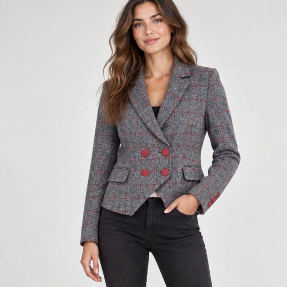 LAVEER Kadette Collegiate Check Plaid Double Breasted Blazer Gray Red Size 2